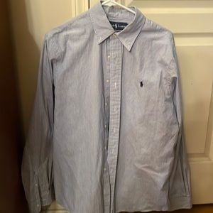 Blue and white striped button down shirt